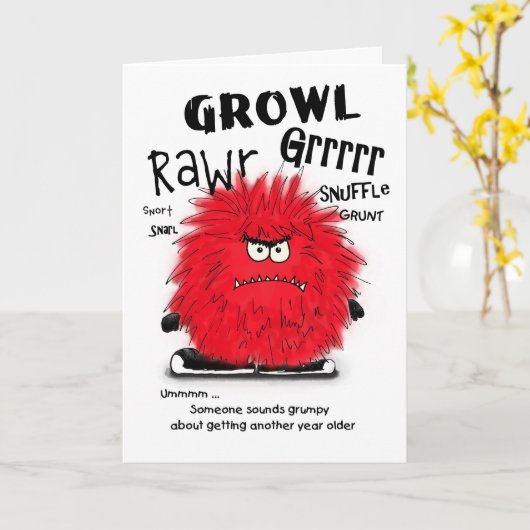 Grumpy Red Fuzzy Monster Verjaardag Kaart (Gele Bloem)