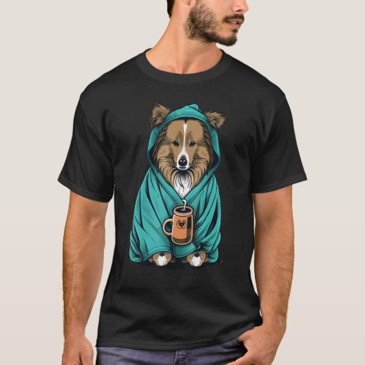 Grumpy Sheltie Coffee Dog on Coffee Shetland Shee T-shirt (Voorkant)