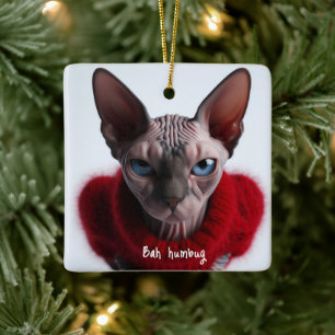 Grumpy Sphynx Kat Kerstmis Keramisch Ornament