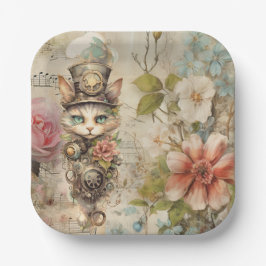 Grumpy Steampunk Cat Collage  Papier Rozen Papieren Bordje