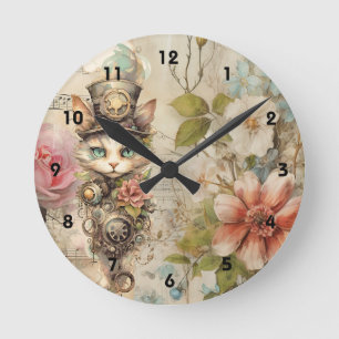 Grumpy Steampunk Cat Collage Papier Rozen Ronde Klok