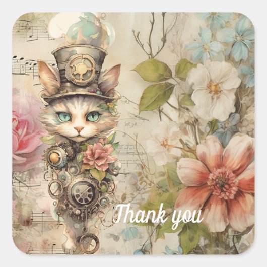 Grumpy Steampunk Cat Collage Papier Rozen Vierkante Sticker (Voorkant)