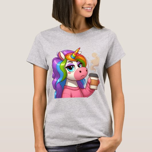 Grumpy Unicorn Needs Coffee Cartoon T-shirt (Voorkant)