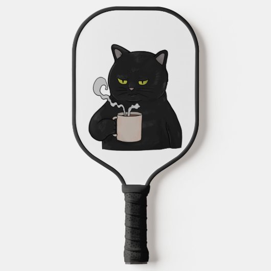 Grumpy zwarte kat met koffie ochtend grouch pickleball paddle (Voorkant)