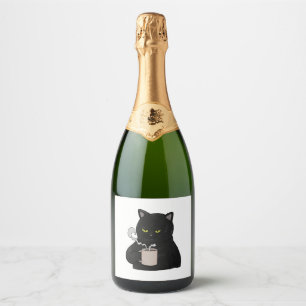 Grumpy zwarte kat met koffie ochtend grouch sparkling wijnetiket