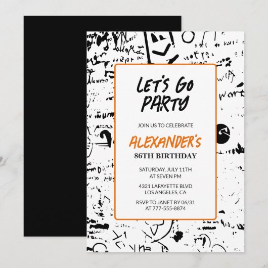 Grunge 86e anniversaire invitations Hommes Graffit (Devant / Derrière)