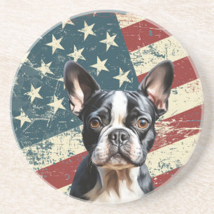 Grunge Amerikaanse Vlag Boston Terrier Hond Zandsteen Onderzetter