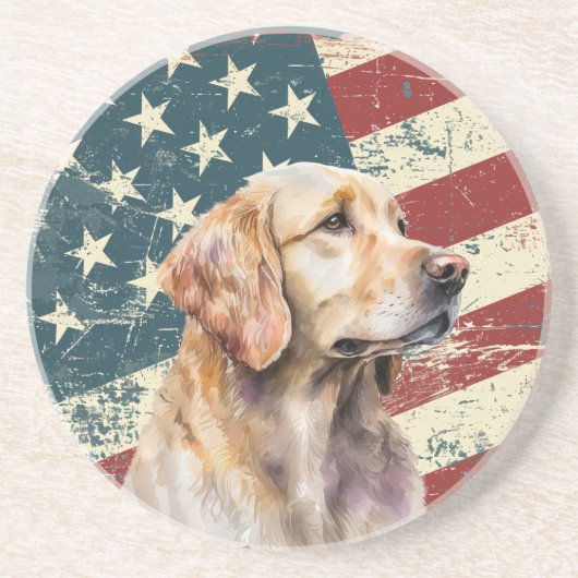 Grunge Amerikaanse vlag Goud Retriever Hond Zandsteen Onderzetter (Voorkant)