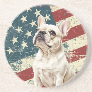 Grunge Amerikaanse Vlag Witte Franse Bulldog Zandsteen Onderzetter