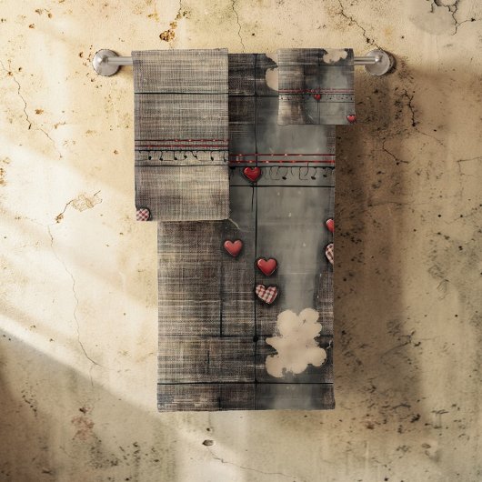 Grunge Black and Cream with Red Hearts