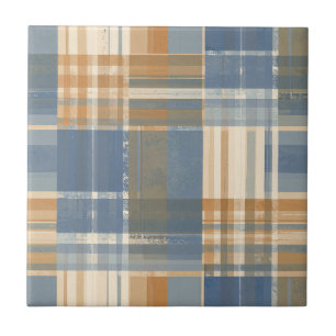Grunge Blauw en Roest Oranje Geruit Tegeltje