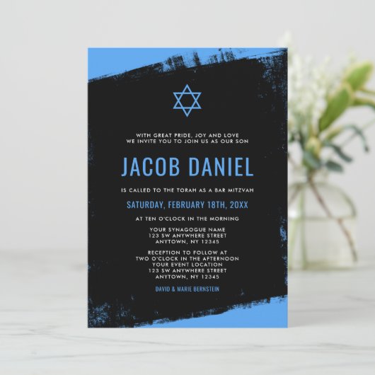 Grunge Blue Black Bar Mitzvah Invitations (Debout devant)