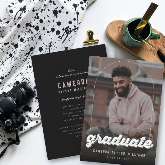 Grunge Bold Script Simple Photo Graduparty Kaart
