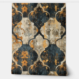 Grunge borstel damast patroon in zwart, beige, bru behang