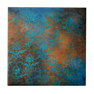 Grunge Bruin Blauw Bloemendecoratie Luxe Patroon Tegeltje