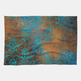 Grunge Bruin Blauw Bloemendecoratie Luxe Patroon Theedoek