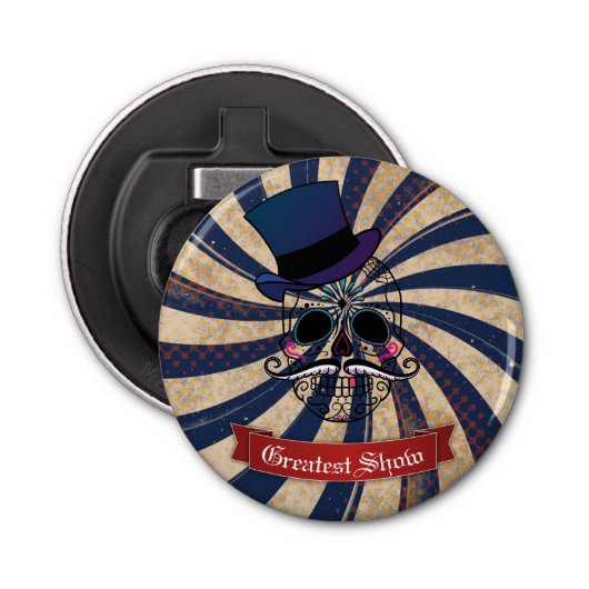 Grunge Circus Sugar Skull Ringmaster Custom Text Button Flesopener (Voorkant)