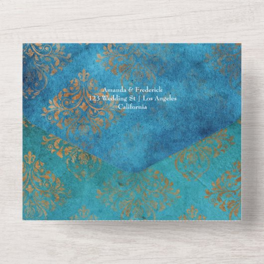 Grunge Copper Patina en Turquoise Wedding All In One Uitnodiging (Achterkant)