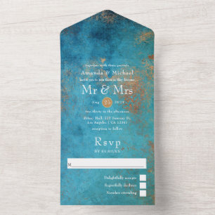 Grunge Copper Patina en Turquoise Wedding All In One Uitnodiging