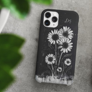 Grunge Daisy Zwart Wit Monogram Aangepaste naam iPhone 16 Hoesje