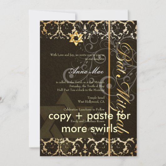Grunge Damask Bat Mitzvah/zwart/goud Kaart (Voorkant)