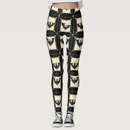 Grunge Denim Halloween Patchwork met vleermuizen Leggings (Voorkant)
