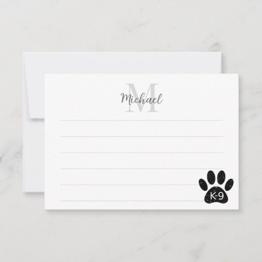 Grunge Distressed Dog Paw K-9 Lined Monogram Notitiekaartje (Voorkant)