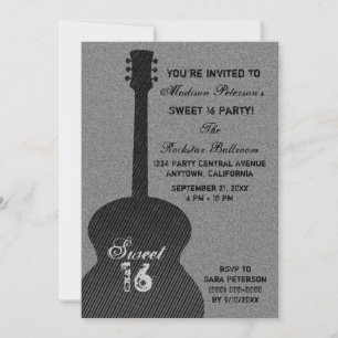 Grunge Guitar Stripes Sweet Sixteen Invite, Black Kaart