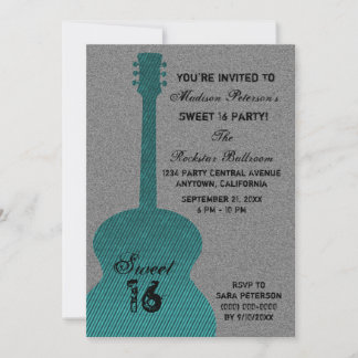 Grunge Guitar Stripes Sweet Sixteen Invite, Blauwg Kaart