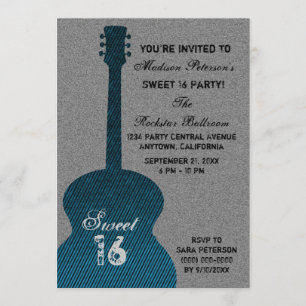 Grunge Guitar Stripes Sweet Sixteen Invite, Blue Kaart