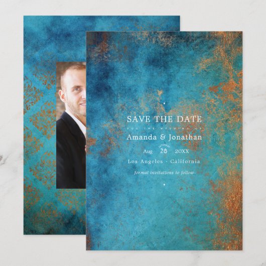 Grunge Koper Patina en Turquoise Trouw Save The Date (Voorkant / Achterkant)