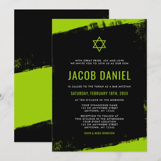 Grunge Lime Green Black Bar Mitzvah Invitaties Kaart (Voorkant / Achterkant)