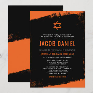 Grunge Oranje Black Bar Mitzvah Kaart
