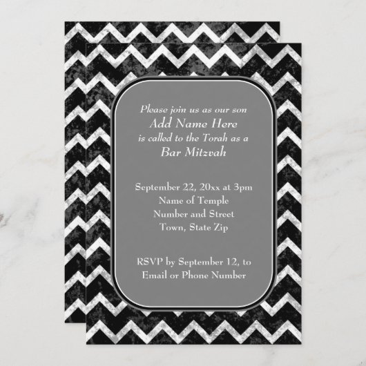 Grunge Pattern Black and White Chevron Bar Mitzvah Kaart (Voorkant / Achterkant)