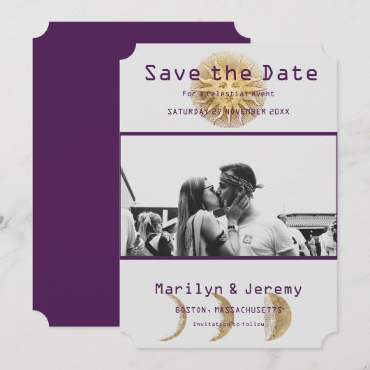 Grunge Photo Paarse Zodiac Flat Save the Date (Voorkant / Achterkant)