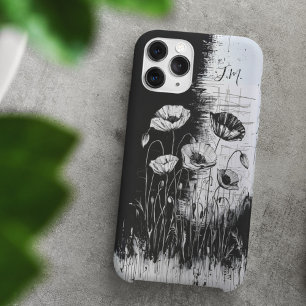 Grunge Poppy Zwart Wit Monogram Aangepaste naam iPhone 16 Hoesje