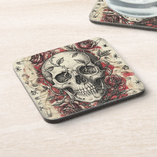 Grunge Punk Schedel en Rozen Illustratie Bier Onderzetter