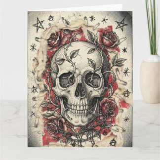Grunge Punk Schedel en Rozen Illustratie Kaart