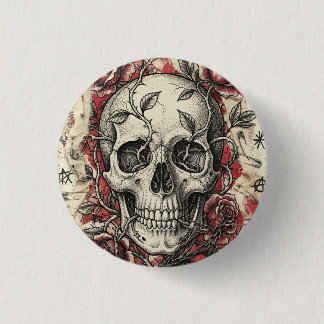 Grunge Punk Schedel en Rozen Illustratie Ronde Button 3,2 Cm