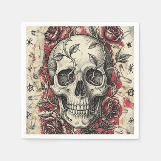 Grunge Punk Schedel en Rozen Illustratie Servet