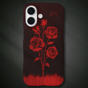 Grunge Rozen Zwart Rood Monogram Aangepaste naam iPhone 16 Hoesje