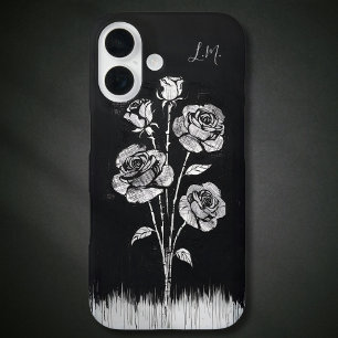 Grunge Rozen Zwart Wit Monogram Aangepaste naam iPhone 16 Hoesje