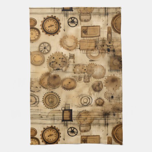 Grunge rustieke Steampunk klok (4) Theedoek (Verticaal)