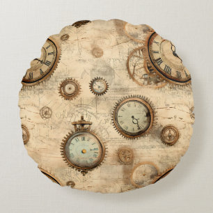 Grunge rustieke Steampunk klok (6) Rond Kussen