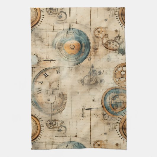 Grunge Rustieke Steampunk Klok (7) Theedoek (Verticaal)