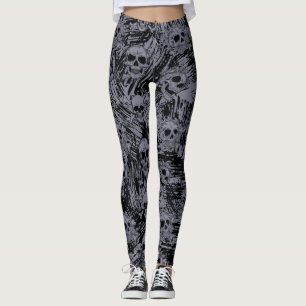 Grunge Skull Botten Pattern Black Grey Halloween Leggings