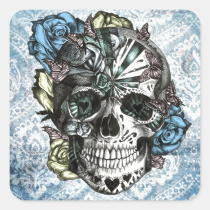 Grunge Snoep suikerschedel in blauw geel en roze. Vierkante Sticker