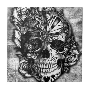 Grunge Snoep suikerschedel in zwart-wit. Tegeltje