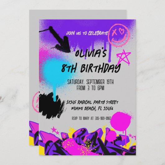 Grunge Spray Paint Graffiti Uitnodiging voor verja (Voorkant / Achterkant)