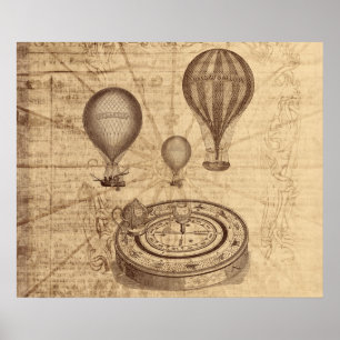 grunge steampunk hotair ballonnen op de oude kaart poster